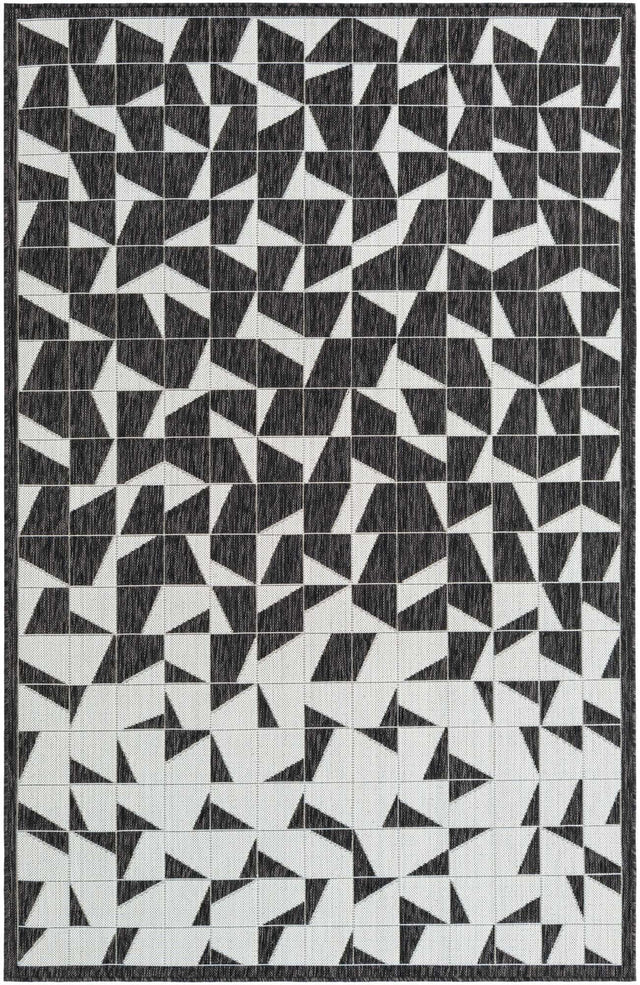 Black and White 5' 3 x 8' Outdoor Modern Rectangle Area Rug Weather Resistant for Patio, Deck, Terrace, Balcony, Porch 100% Polypropylene Modern Outside Carpet for Sale at Rug Engine