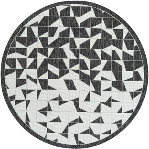 Black and White 6' 1 x 6' 1 Outdoor Modern Round Area Rug Weather Resistant for Patio, Deck, Terrace, Balcony, Porch 100% Polypropylene Modern Outside Carpet for Sale at Rug Engine