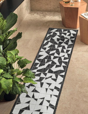 Black and White 2' x 8' Outdoor Modern Runner Area Rug Weather Resistant for Patio, Deck, Terrace, Balcony, Porch 100% Polypropylene Modern Outside Carpet for Sale at Rug Engine