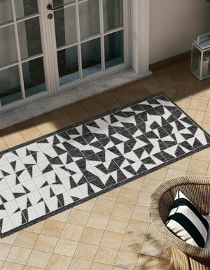 Black and White 2' x 5' 3 Outdoor Modern Runner Area Rug Weather Resistant for Patio, Deck, Terrace, Balcony, Porch 100% Polypropylene Modern Outside Carpet for Sale at Rug Engine