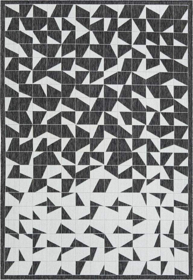 Black and White 7' 1 x 10' Outdoor Modern Rectangle Area Rug Weather Resistant for Patio, Deck, Terrace, Balcony, Porch 100% Polypropylene Modern Outside Carpet for Sale at Rug Engine