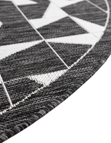 Black and White 12' x 12' Outdoor Modern Round Area Rug Weather Resistant for Patio, Deck, Terrace, Balcony, Porch 100% Polypropylene Modern Outside Carpet for Sale at Rug Engine