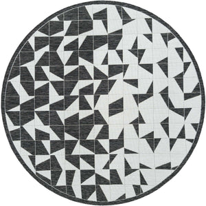 Black and White 7' 10 x 7' 10 Outdoor Modern Round Area Rug Weather Resistant for Patio, Deck, Terrace, Balcony, Porch 100% Polypropylene Modern Outside Carpet for Sale at Rug Engine