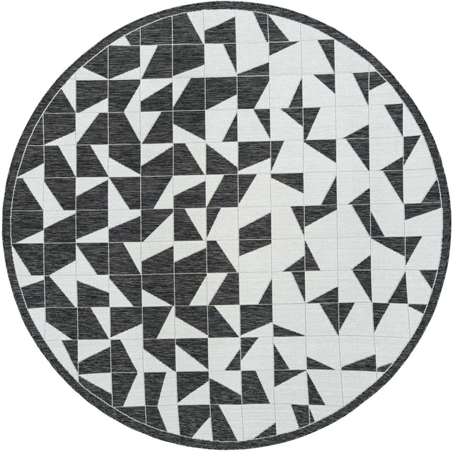 Black and White 7' 10 x 7' 10 Outdoor Modern Round Area Rug Weather Resistant for Patio, Deck, Terrace, Balcony, Porch 100% Polypropylene Modern Outside Carpet for Sale at Rug Engine