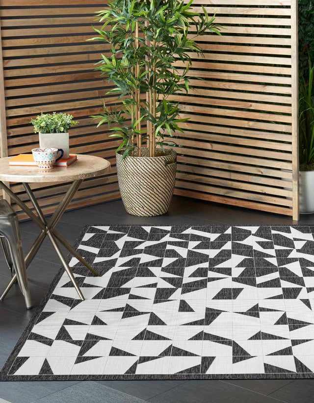 Black and White 10' x 10' Outdoor Modern Square Area Rug Weather Resistant for Patio, Deck, Terrace, Balcony, Porch 100% Polypropylene Modern Outside Carpet for Sale at Rug Engine