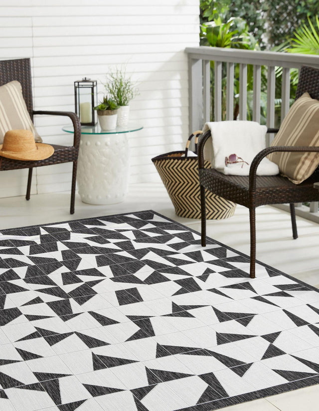 Black and White 7' 10 x 7' 10 Outdoor Modern Square Area Rug Weather Resistant for Patio, Deck, Terrace, Balcony, Porch 100% Polypropylene Modern Outside Carpet for Sale at Rug Engine