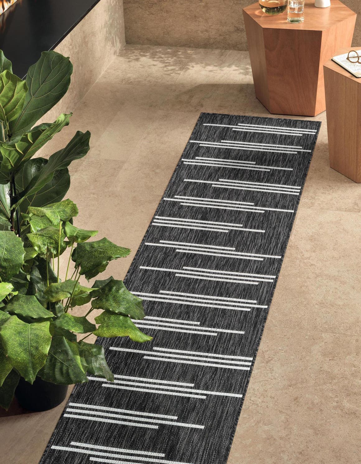 Black and White 2' x 6' 1 Outdoor Modern Runner Area Rug Weather Resistant for Patio, Deck, Terrace, Balcony, Porch 100% Polypropylene Modern Outside Carpet for Sale at Rug Engine