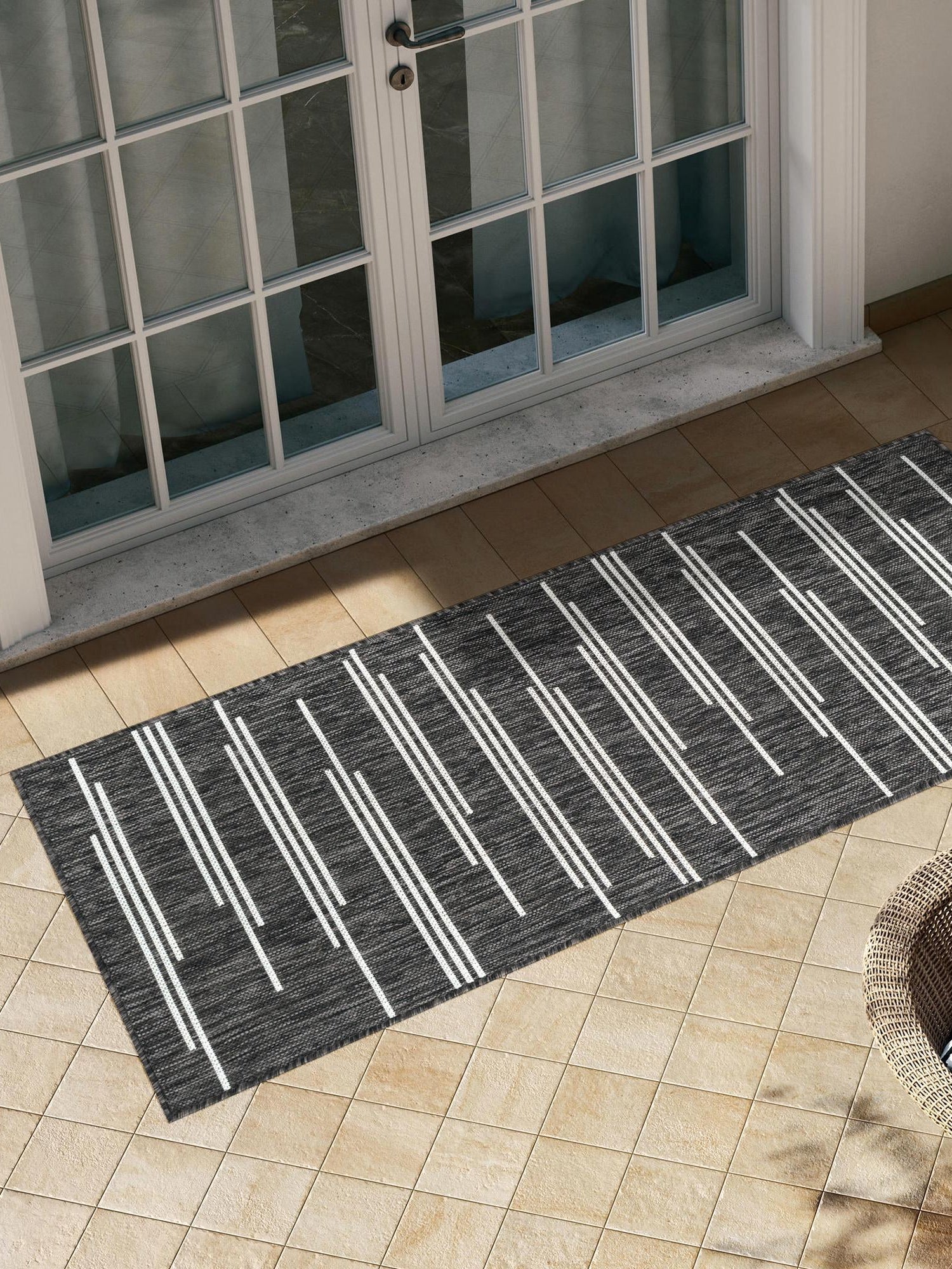 Black and White 2' x 5' 3 Outdoor Modern Runner Area Rug Weather Resistant for Patio, Deck, Terrace, Balcony, Porch 100% Polypropylene Modern Outside Carpet for Sale at Rug Engine