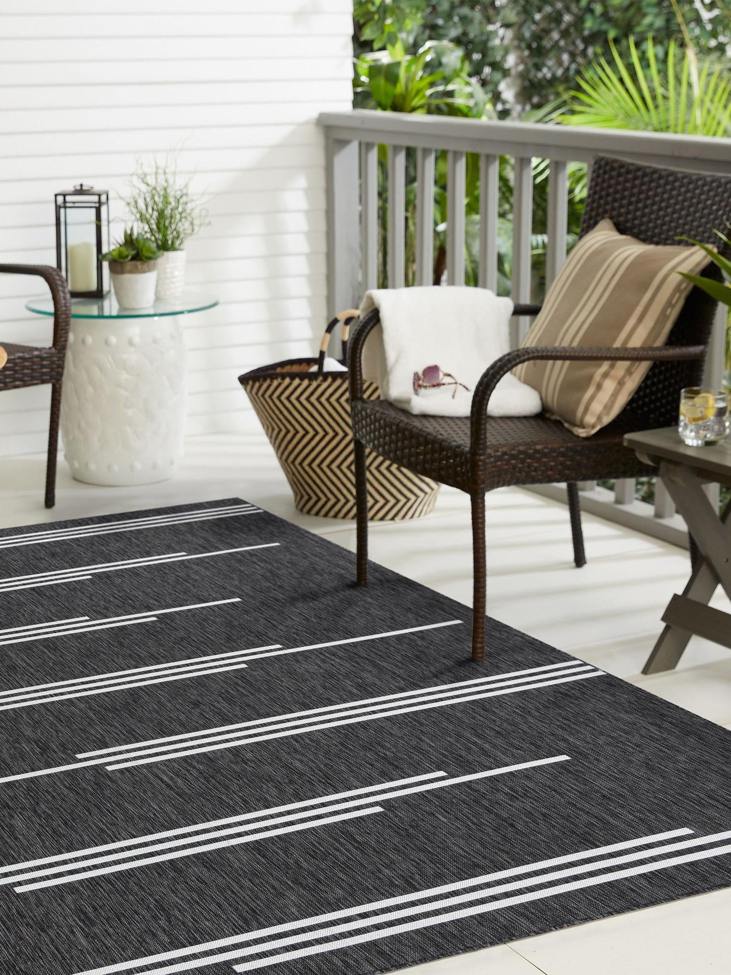 Black and White 7' 10 x 7' 10 Outdoor Modern Square Area Rug Weather Resistant for Patio, Deck, Terrace, Balcony, Porch 100% Polypropylene Modern Outside Carpet for Sale at Rug Engine