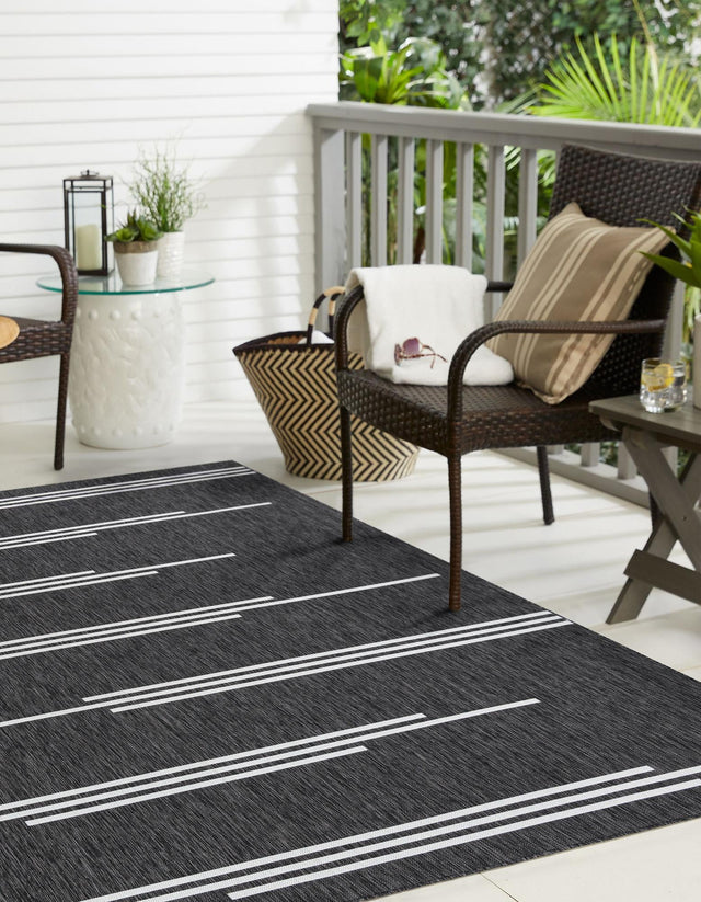 Black and White 7' 10 x 7' 10 Outdoor Modern Square Area Rug Weather Resistant for Patio, Deck, Terrace, Balcony, Porch 100% Polypropylene Modern Outside Carpet for Sale at Rug Engine