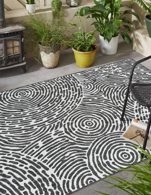 Black and White 2' x 3' 1 Outdoor Modern Rectangle Area Rug Weather Resistant for Patio, Deck, Terrace, Balcony, Porch 100% Polypropylene Modern Outside Carpet for Sale at Rug Engine