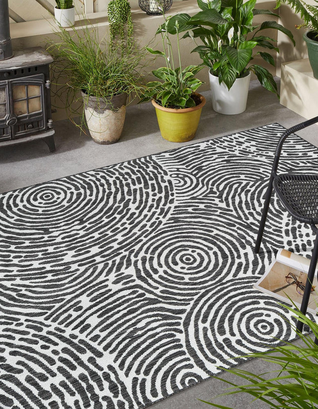 Black and White 2' x 3' 1 Outdoor Modern Rectangle Area Rug Weather Resistant for Patio, Deck, Terrace, Balcony, Porch 100% Polypropylene Modern Outside Carpet for Sale at Rug Engine