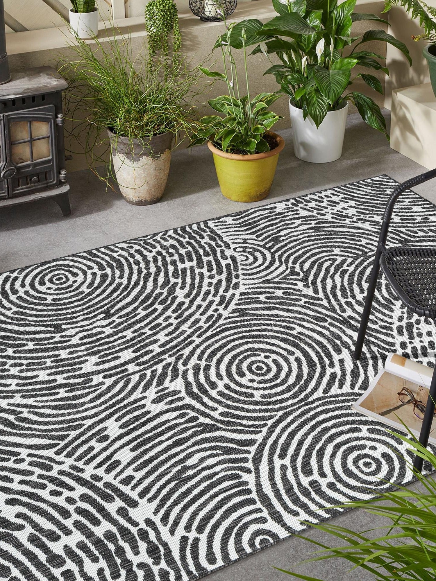 Black and White 4' 1 x 6' 1 Outdoor Modern Rectangle Area Rug Weather Resistant for Patio, Deck, Terrace, Balcony, Porch 100% Polypropylene Modern Outside Carpet for Sale at Rug Engine