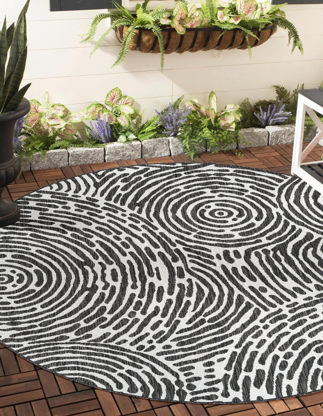 Black and White 12' x 12' Outdoor Modern Round Area Rug Weather Resistant for Patio, Deck, Terrace, Balcony, Porch 100% Polypropylene Modern Outside Carpet for Sale at Rug Engine