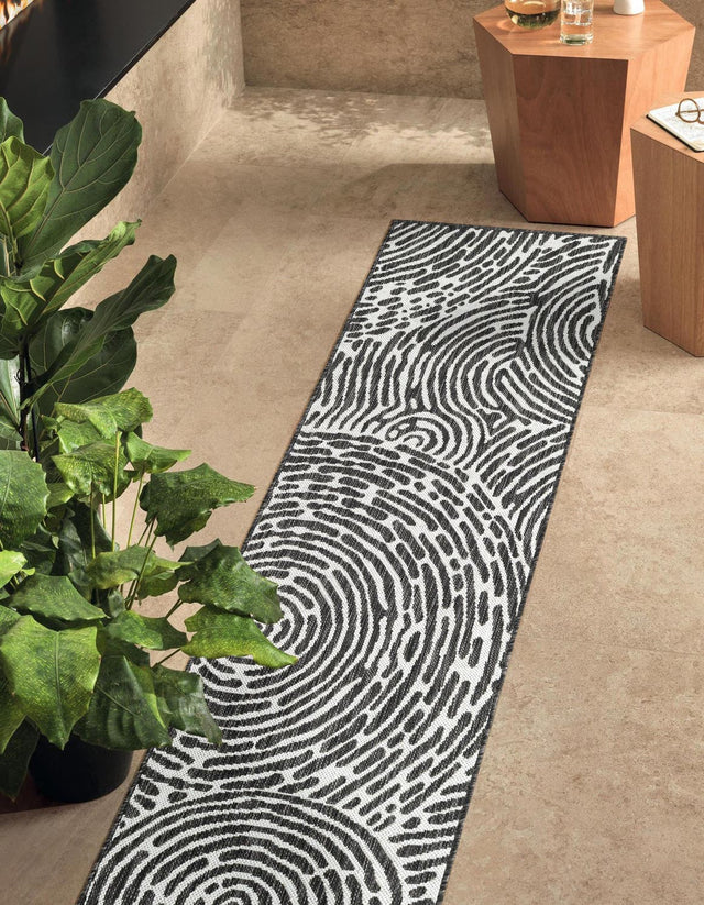 Black and White 2' 7 x 12' Outdoor Modern Runner Area Rug Weather Resistant for Patio, Deck, Terrace, Balcony, Porch 100% Polypropylene Modern Outside Carpet for Sale at Rug Engine