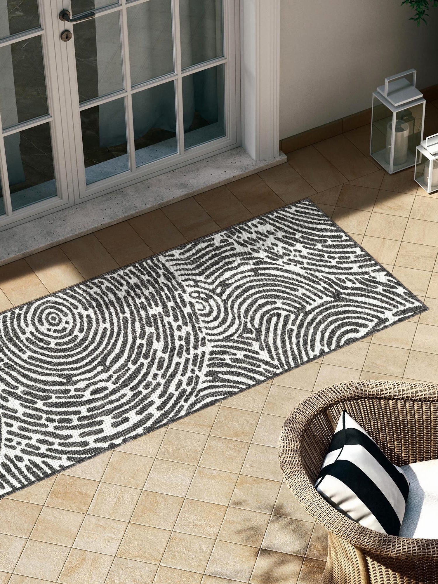 Black and White 2' 7 x 12' Outdoor Modern Runner Area Rug Weather Resistant for Patio, Deck, Terrace, Balcony, Porch 100% Polypropylene Modern Outside Carpet for Sale at Rug Engine