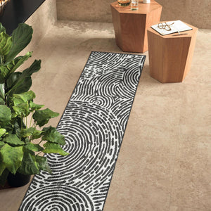 Black and White 2' x 8' Outdoor Modern Runner Area Rug Weather Resistant for Patio, Deck, Terrace, Balcony, Porch 100% Polypropylene Modern Outside Carpet for Sale at Rug Engine