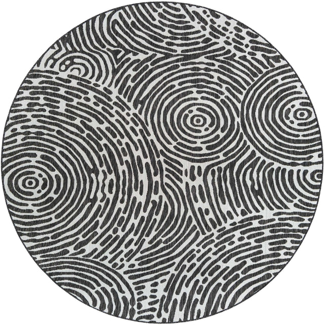 Black and White 7' 10 x 7' 10 Outdoor Modern Round Area Rug Weather Resistant for Patio, Deck, Terrace, Balcony, Porch 100% Polypropylene Modern Outside Carpet for Sale at Rug Engine