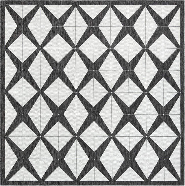 Black and White 10' x 10' Outdoor Modern Square Area Rug Weather Resistant for Patio, Deck, Terrace, Balcony, Porch 100% Polypropylene Modern Outside Carpet for Sale at Rug Engine