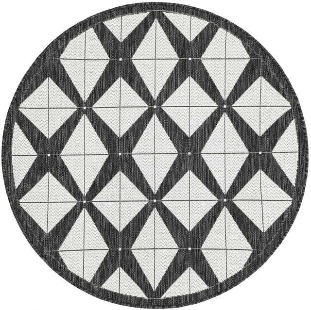 Black and White 4' 1 x 4' 1 Outdoor Modern Round Area Rug Weather Resistant for Patio, Deck, Terrace, Balcony, Porch 100% Polypropylene Modern Outside Carpet for Sale at Rug Engine