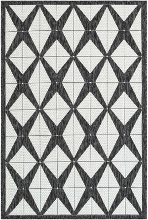 Black and White 4' 1 x 6' 1 Outdoor Modern Rectangle Area Rug Weather Resistant for Patio, Deck, Terrace, Balcony, Porch 100% Polypropylene Modern Outside Carpet for Sale at Rug Engine