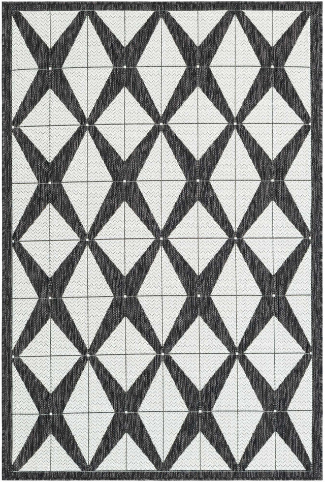Black and White 4' 1 x 6' 1 Outdoor Modern Rectangle Area Rug Weather Resistant for Patio, Deck, Terrace, Balcony, Porch 100% Polypropylene Modern Outside Carpet for Sale at Rug Engine