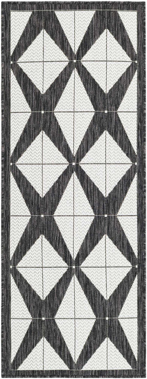 Black and White 2' x 5' 3 Outdoor Modern Runner Area Rug Weather Resistant for Patio, Deck, Terrace, Balcony, Porch 100% Polypropylene Modern Outside Carpet for Sale at Rug Engine