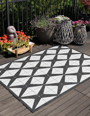 Black and White 6' 1 x 9' Outdoor Modern Rectangle Area Rug Weather Resistant for Patio, Deck, Terrace, Balcony, Porch 100% Polypropylene Modern Outside Carpet for Sale at Rug Engine