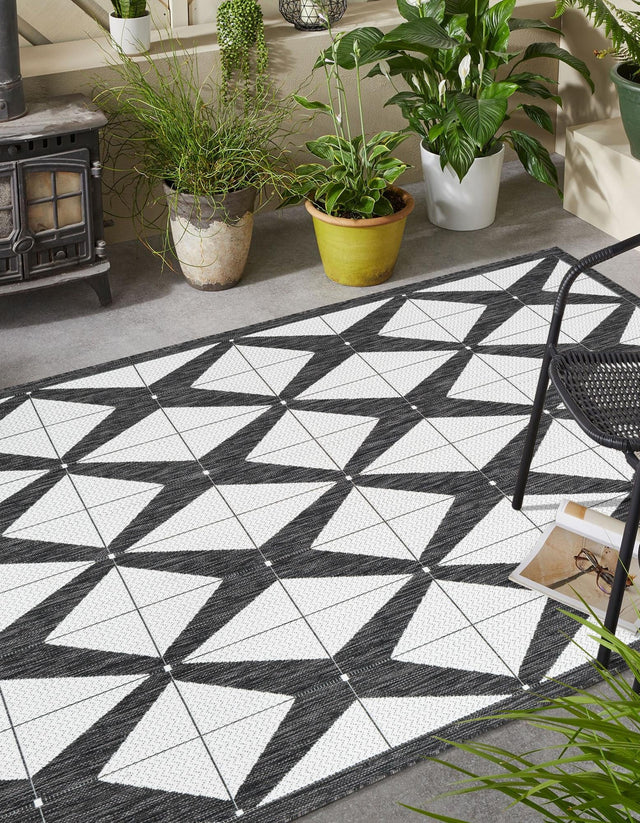 Black and White 9' x 12' Outdoor Modern Rectangle Area Rug Weather Resistant for Patio, Deck, Terrace, Balcony, Porch 100% Polypropylene Modern Outside Carpet for Sale at Rug Engine