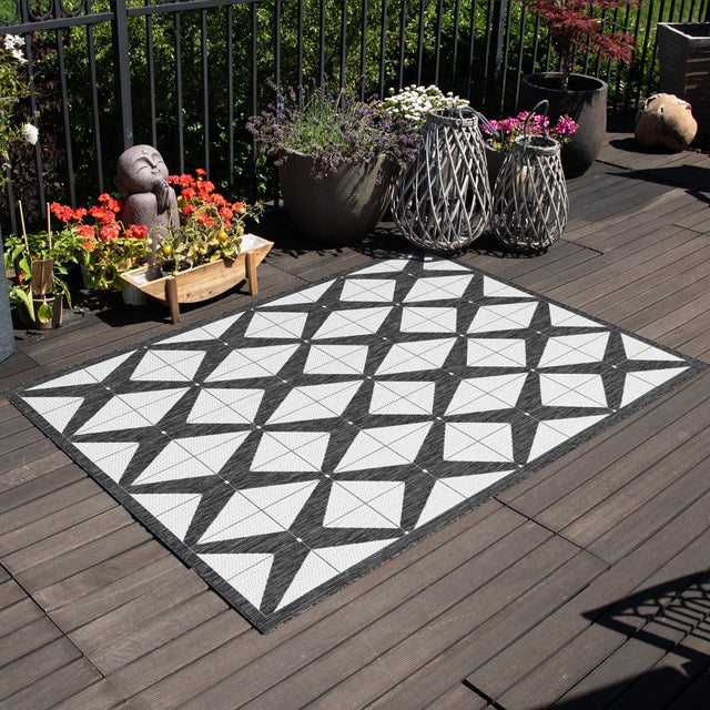 Black and White 6' 1 x 9' Outdoor Modern Rectangle Area Rug Weather Resistant for Patio, Deck, Terrace, Balcony, Porch 100% Polypropylene Modern Outside Carpet for Sale at Rug Engine