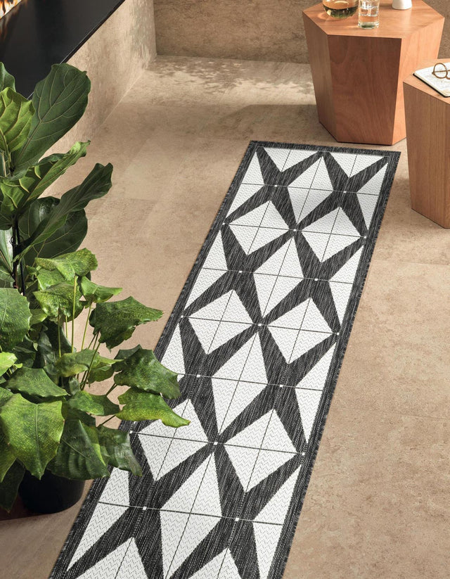 Black and White 2' x 6' 1 Outdoor Modern Runner Area Rug Weather Resistant for Patio, Deck, Terrace, Balcony, Porch 100% Polypropylene Modern Outside Carpet for Sale at Rug Engine