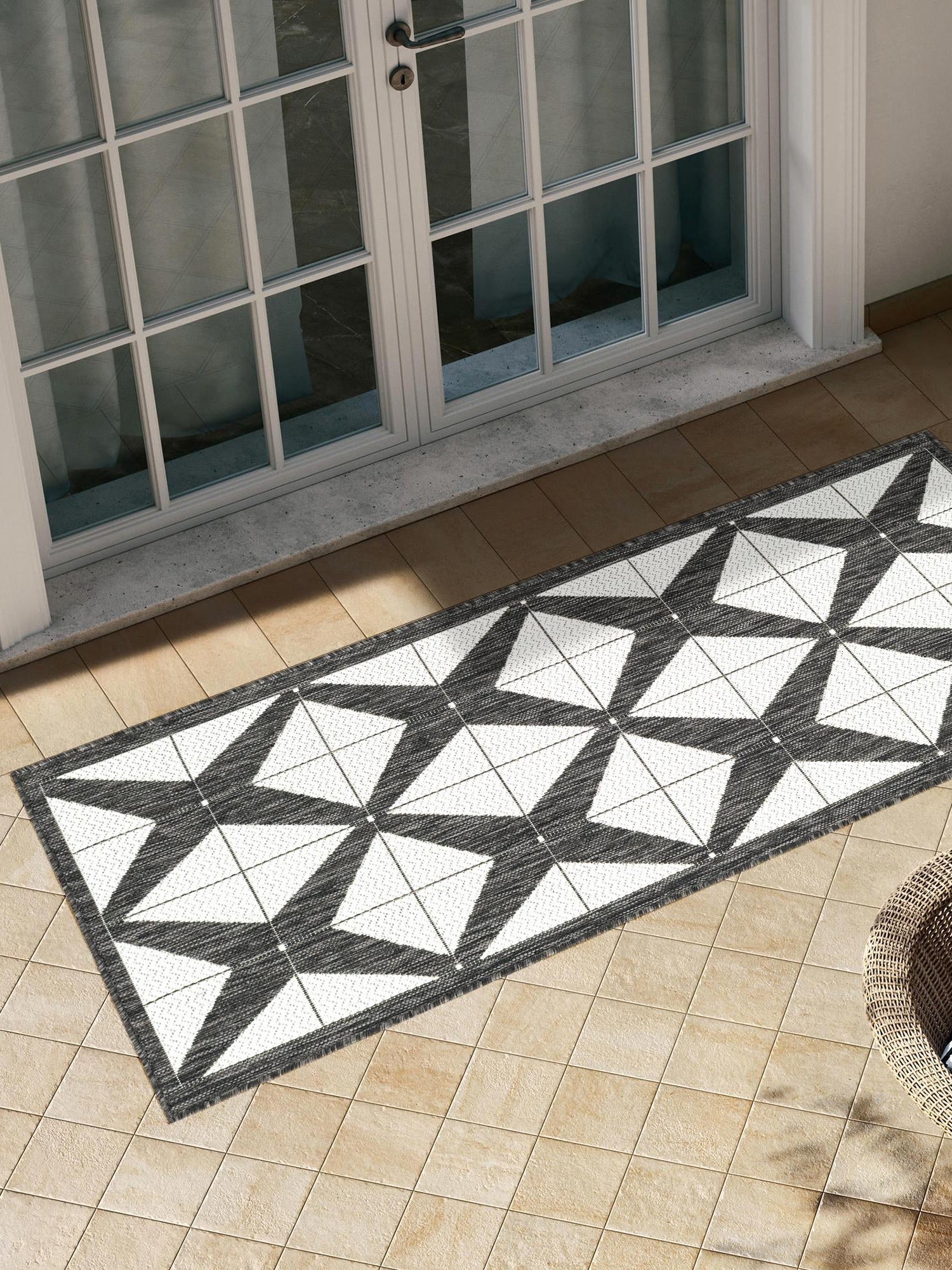 Black and White 2' x 8' Outdoor Modern Runner Area Rug Weather Resistant for Patio, Deck, Terrace, Balcony, Porch 100% Polypropylene Modern Outside Carpet for Sale at Rug Engine