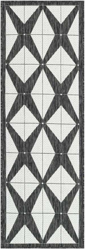 Black and White 2' x 6' 1 Outdoor Modern Runner Area Rug Weather Resistant for Patio, Deck, Terrace, Balcony, Porch 100% Polypropylene Modern Outside Carpet for Sale at Rug Engine