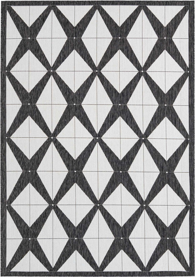 Black and White 7' 1 x 10' Outdoor Modern Rectangle Area Rug Weather Resistant for Patio, Deck, Terrace, Balcony, Porch 100% Polypropylene Modern Outside Carpet for Sale at Rug Engine