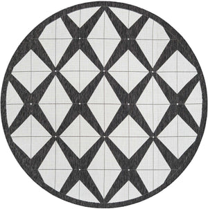 Black and White 7' 10 x 7' 10 Outdoor Modern Round Area Rug Weather Resistant for Patio, Deck, Terrace, Balcony, Porch 100% Polypropylene Modern Outside Carpet for Sale at Rug Engine