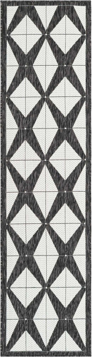 Black and White 2' x 8' Outdoor Modern Runner Area Rug Weather Resistant for Patio, Deck, Terrace, Balcony, Porch 100% Polypropylene Modern Outside Carpet for Sale at Rug Engine