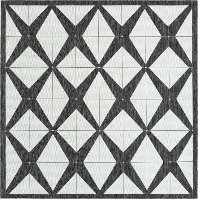 Black and White 7' 10 x 7' 10 Outdoor Modern Square Area Rug Weather Resistant for Patio, Deck, Terrace, Balcony, Porch 100% Polypropylene Modern Outside Carpet for Sale at Rug Engine