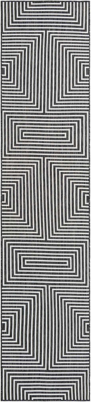 Black and White 2' 7 x 12' Outdoor Modern Runner Area Rug Weather Resistant for Patio, Deck, Terrace, Balcony, Porch 100% Polypropylene Modern Outside Carpet for Sale at Rug Engine