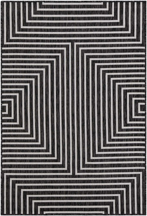 Black and White 4' 1 x 6' 1 Outdoor Modern Rectangle Area Rug Weather Resistant for Patio, Deck, Terrace, Balcony, Porch 100% Polypropylene Modern Outside Carpet for Sale at Rug Engine