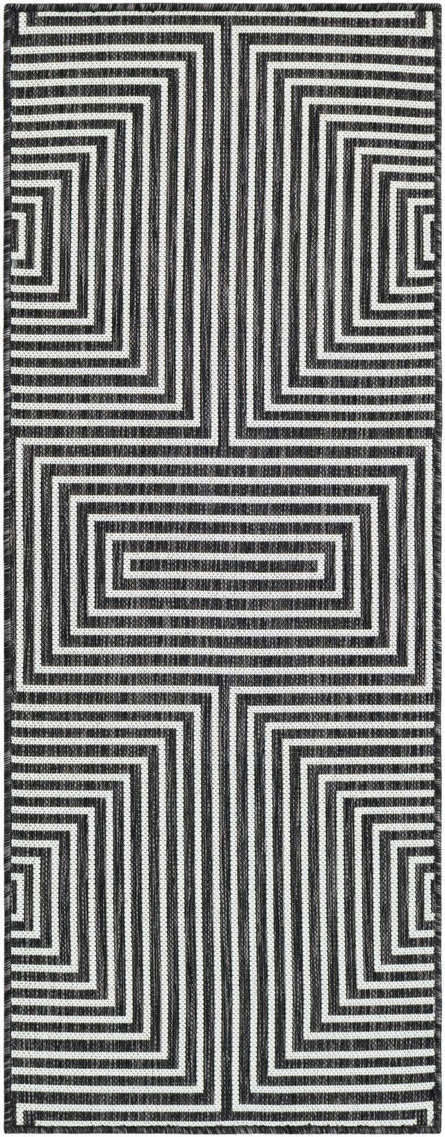 Black and White 2' x 5' 3 Outdoor Modern Runner Area Rug Weather Resistant for Patio, Deck, Terrace, Balcony, Porch 100% Polypropylene Modern Outside Carpet for Sale at Rug Engine