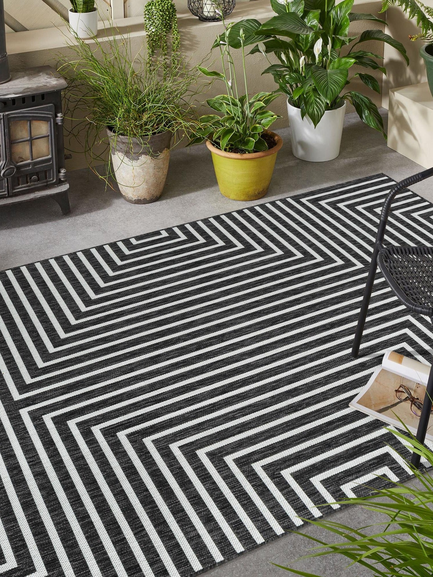 Black and White 5' 3 x 8' Outdoor Modern Rectangle Area Rug Weather Resistant for Patio, Deck, Terrace, Balcony, Porch 100% Polypropylene Modern Outside Carpet for Sale at Rug Engine