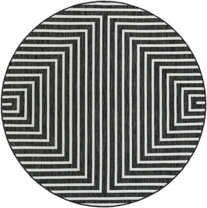 Black and White 6' 1 x 6' 1 Outdoor Modern Round Area Rug Weather Resistant for Patio, Deck, Terrace, Balcony, Porch 100% Polypropylene Modern Outside Carpet for Sale at Rug Engine