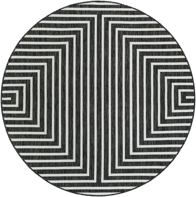 Black and White 6' 1 x 6' 1 Outdoor Modern Round Area Rug Weather Resistant for Patio, Deck, Terrace, Balcony, Porch 100% Polypropylene Modern Outside Carpet for Sale at Rug Engine