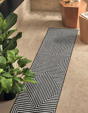 Black and White 2' 7 x 12' Outdoor Modern Runner Area Rug Weather Resistant for Patio, Deck, Terrace, Balcony, Porch 100% Polypropylene Modern Outside Carpet for Sale at Rug Engine
