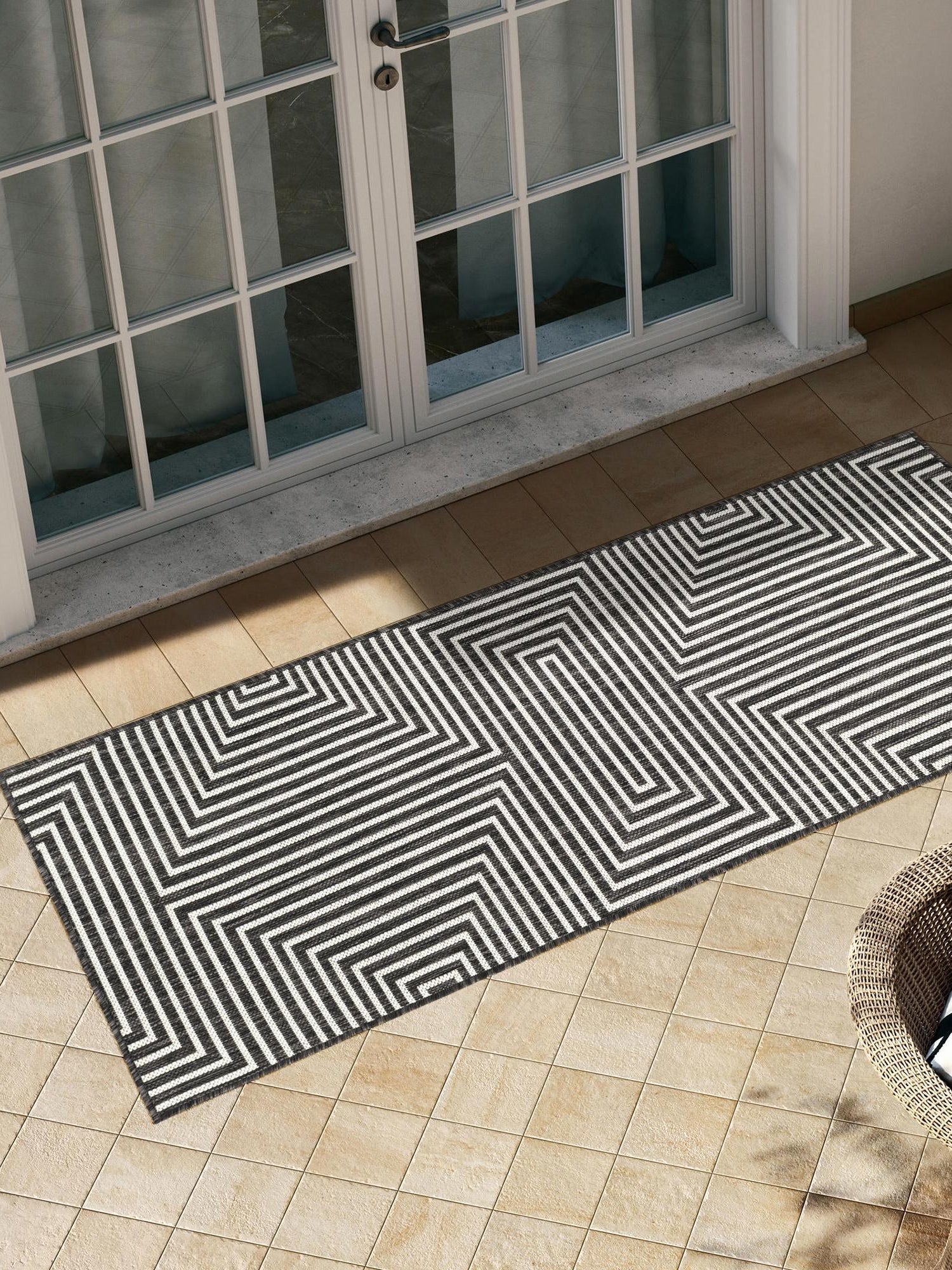 Black and White 2' x 6' 1 Outdoor Modern Runner Area Rug Weather Resistant for Patio, Deck, Terrace, Balcony, Porch 100% Polypropylene Modern Outside Carpet for Sale at Rug Engine