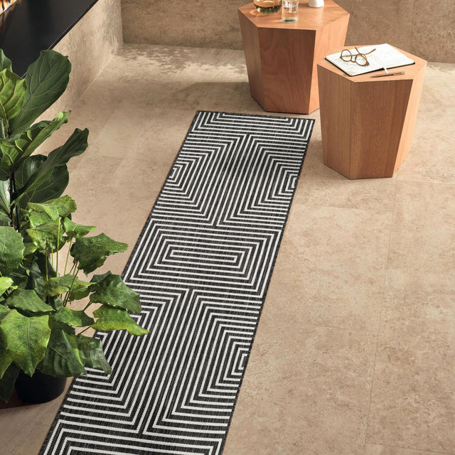 Black and White 2' x 8' Outdoor Modern Runner Area Rug Weather Resistant for Patio, Deck, Terrace, Balcony, Porch 100% Polypropylene Modern Outside Carpet for Sale at Rug Engine