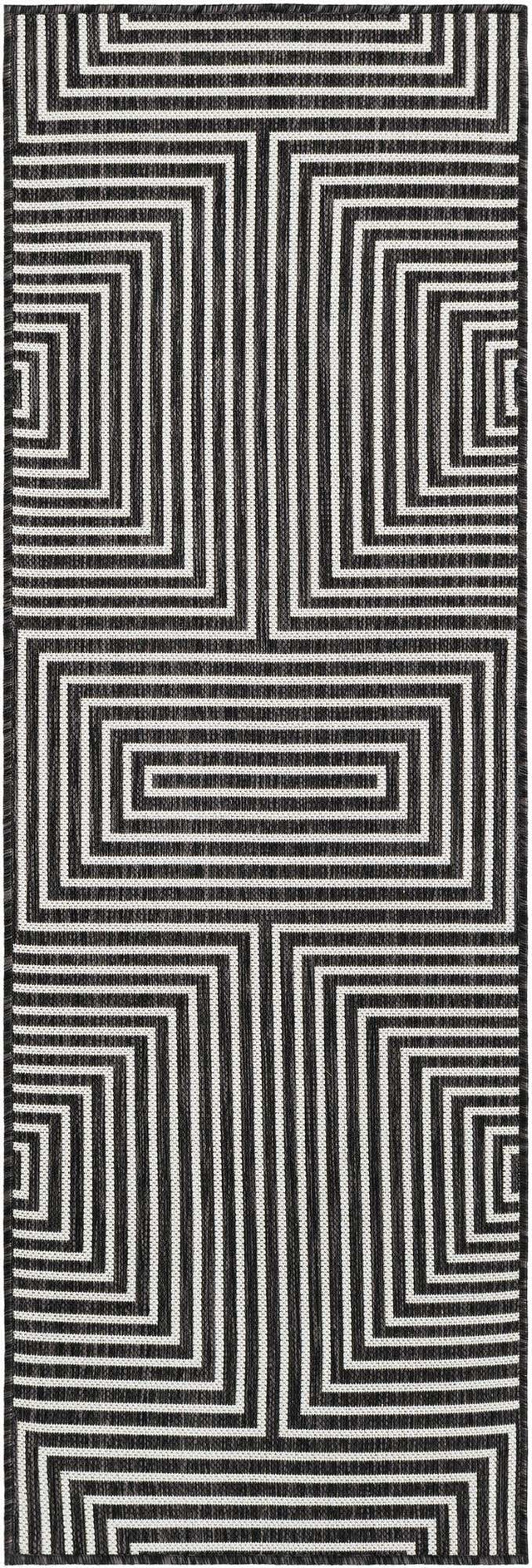 Black and White 2' x 6' 1 Outdoor Modern Runner Area Rug Weather Resistant for Patio, Deck, Terrace, Balcony, Porch 100% Polypropylene Modern Outside Carpet for Sale at Rug Engine