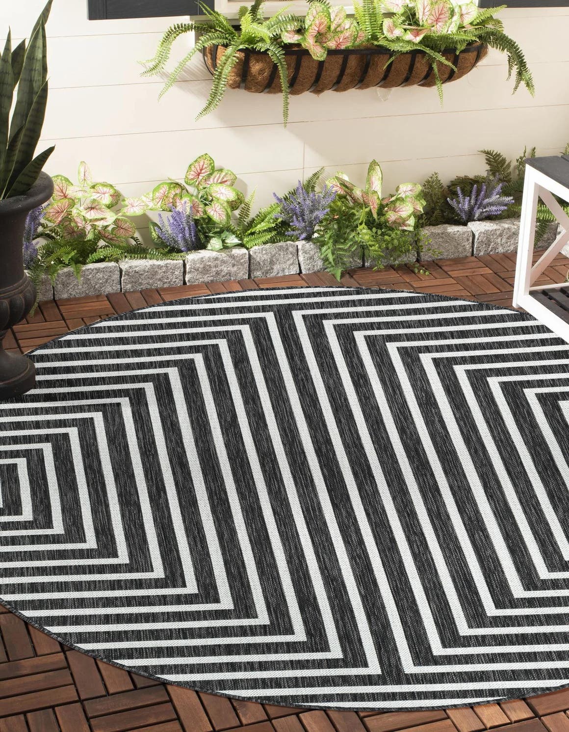 Black and White 3' 1 x 3' 1 Outdoor Modern Round Area Rug Weather Resistant for Patio, Deck, Terrace, Balcony, Porch 100% Polypropylene Modern Outside Carpet for Sale at Rug Engine