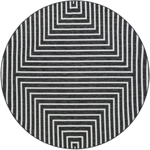 Black and White 7' 10 x 7' 10 Outdoor Modern Round Area Rug Weather Resistant for Patio, Deck, Terrace, Balcony, Porch 100% Polypropylene Modern Outside Carpet for Sale at Rug Engine