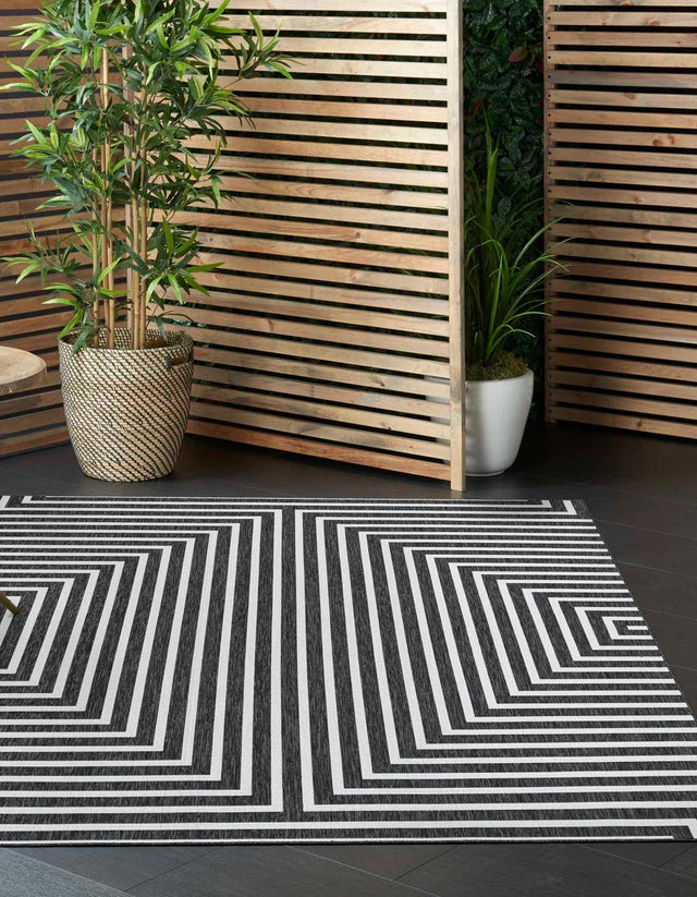 Black and White 7' 10 x 7' 10 Outdoor Modern Square Area Rug Weather Resistant for Patio, Deck, Terrace, Balcony, Porch 100% Polypropylene Modern Outside Carpet for Sale at Rug Engine